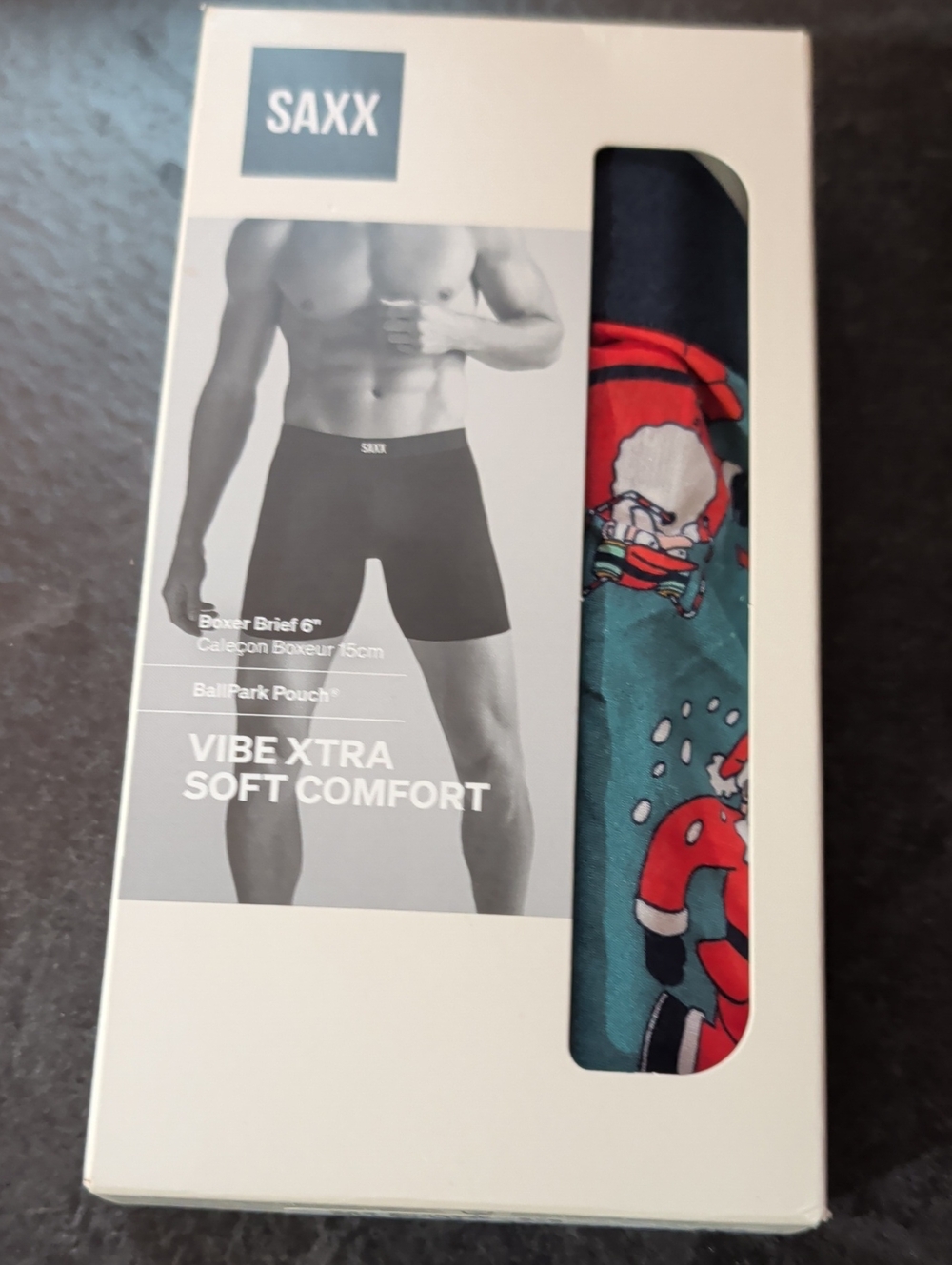Saxx Vibe XTRA Soft Comfort Boxer Briefs - Teal with "Santathalon" Santa Print